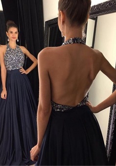 A-Line Halter Sweep Train Backless Navy Blue Satin Prom Dress with Beading