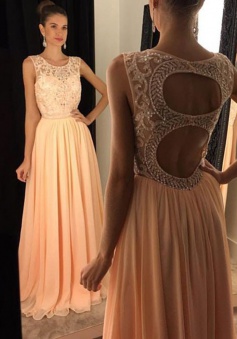 A-Line Round Floor-Length Open Back Peach Chiffon Prom Dress with Beading