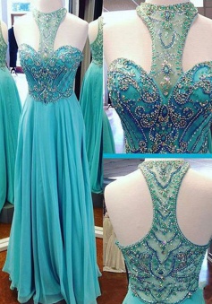 A-Line High Neck Floor-Length Turquoise Chiffon Prom Dress with Beading