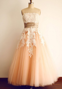 A-Line Strapless Sleeveless Ankle-Length Coral Tulle Prom Dress with Appliques