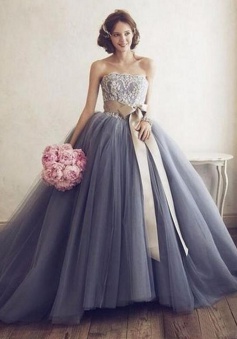 A-Line Strapless Sleeveless Court Train Sash Grey Tulle Prom Dress with Lace