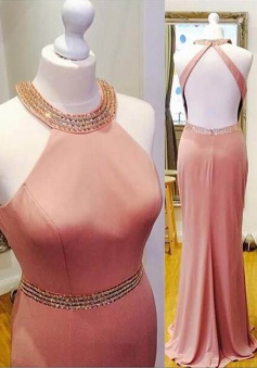 Sheath Halter Sleeveless Floor-Length Backless Blush Prom Dress with Beading