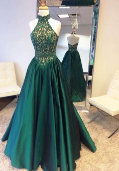 A-Line Halter Sweep Train Backless Hunter Taffeta  Prom Dress with Beading