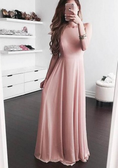 A-Line Square Sleeveless Floor-Length Blush Chiffon Prom Dress with Pleats