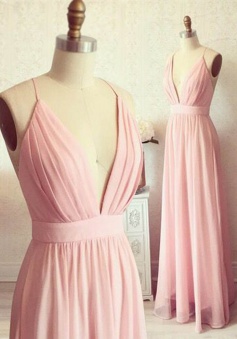 A-Line Spaghetti Straps Floor-Length Backless Pink Prom Dress with Draped