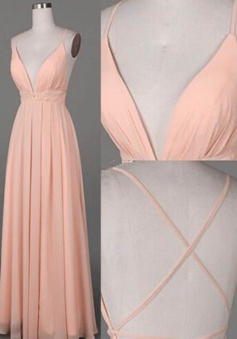 A-Line Spaghetti Straps Floor-Length Criss-Cross Straps Peach Prom Dress