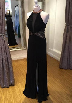 Sheath High Neck Split Front Open Back Black Long Prom Dress with Sequins