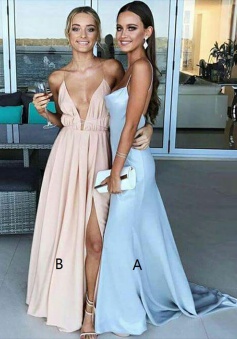 Sheath V-Neck Sweep Trian Backless Light Blue Stretch Satin Prom Dress