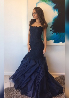 Mermaid Strapless Sweep Train Navy Blue Organza Tired Prom Dress with Lace