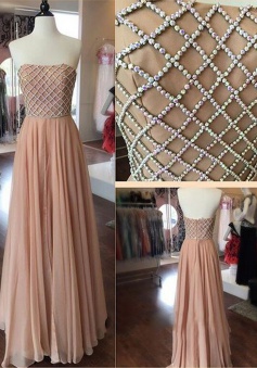 A-Line Strapless Floor Length Pleated Blush Prom Dress with Beading