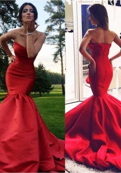 Mermaid Sweetheart Sleeveless Sweep Train Red Satin Prom Dress