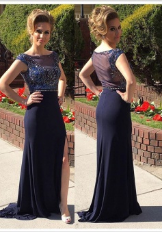 Sheath Bateau Cap Sleeves Illusion Back Navy Blue Prom Dress with Beading