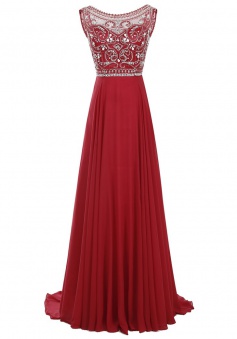 A-Line Round Sleeveless Sweep Train Dark Red Chiffon Prom Dress with Beading