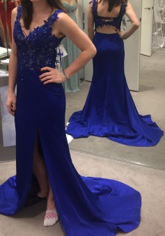 Sheath V-Neck Sweep Train Open Back Royal Blue Prom Dress with Appliques
