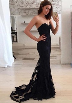 Mermaid Sweetheart Sweep Train Black Lace  Prom Dress