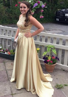 A-Line High Neck Sleeveless Sweep Train Gold Prom Dress with Beading