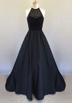 A-Line Halter Floor Length Black Satin Prom/Evening Dress with Beading