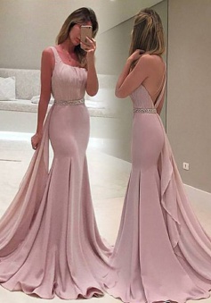 Mermaid One Shoulder Watteau Train Blush Prom Dress with Beading Ruffles