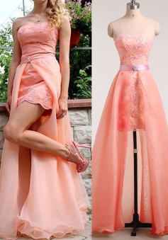 Sheath Strapless Detachable Train Coral Prom Dress with Lace Sequins 