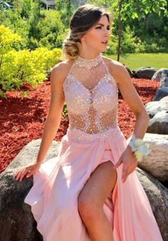 A-Line High Neck Floor Length Pink Prom Dress with Beading Split-Side