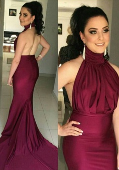 Mermaid High Neck Sweep Train Backless Burgundy Ruched  Prom Dress