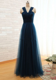 A-Line V-Neck Floor Length Pleated Navy Blue Prom Dress with Bowknot