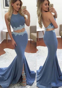 Two Piece Jewel Sweep Train Backless Prom Dress with Lace Split-Side