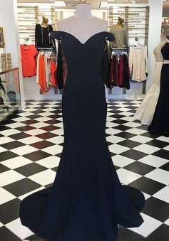 Mermaid Off-the-Shoulder Sleeveless Sweep Train Navy Blue Prom Dress  