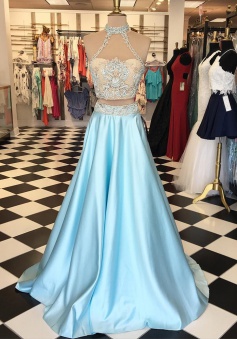 Two Piece High Neck Floor-Length Light Blue Prom Dress with Lace Appliques