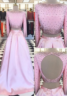 Two Piece Bateau 3/4 Sleeves Open Back Pink Long Prom Dress with Beading