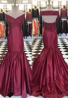 Mermaid Off-the-Shoulder Open Back Long Burgundy Prom Dress with Beading