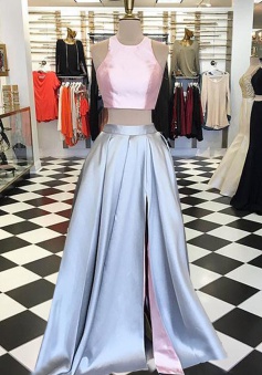 Two Piece Jewel Sleeveless Floor-Length Blue Satin Prom Dress with Split-Front