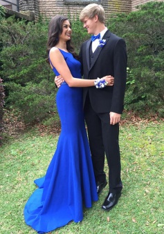 Mermaid Crew Sweep Train Open Back Royal Blue Prom Dress with Beading