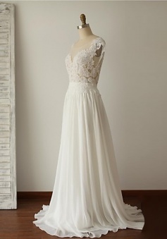 A-line Scoop Cap Sleeves Long Backless White Prom Dress with Lace