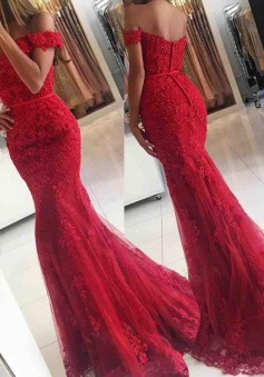 Mermaid Off-the-Shoulder Sweep Train Red Prom Dress with Sash Lace