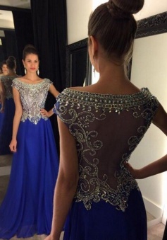 A-Line Bateau Cap Sleeves Long Royal Blue Prom Dress with Beading