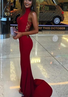 Mermaid High Neck Sleeveless Sweep Train Red Prom/Eveing Dress with Hollow