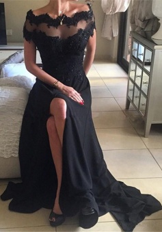 A-Line Off-the-Shoulder Short Sleeves Sweep Train Black Prom Dress