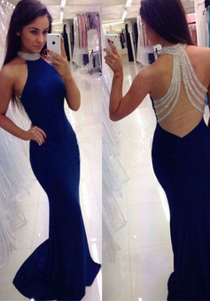 Mermaid Round Neck Sweep Train Royal Blue Prom Dress with Beading