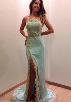 Mermaid Crew Neck Long Light Blue  Lace Prom Dress with Beading