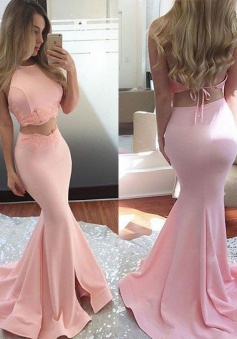 Mermaid Halter Sweep Train Backless Pink Prom Dress with Lace