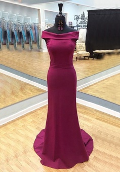 Sheath Off-the-Shoulder Cap Sleeves Sweep Train  Burgundy Prom Dress