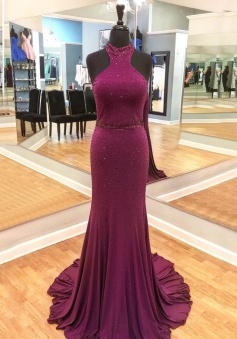 Mermaid High Neck Sweep Train Grape Prom Dress with Beading