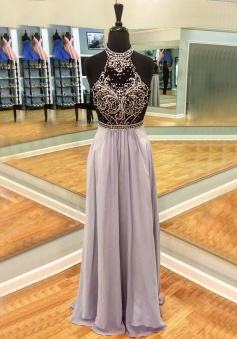 A-Line Round Neck Long Light Lavender Open Back Prom Dress with Beading