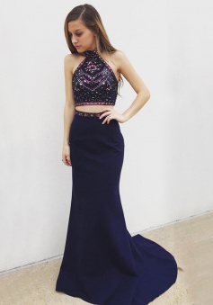 Mermaid Halter Sweep Train Navy Blue Prom Dress with Beading Embroidery