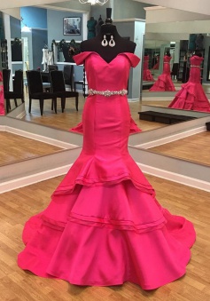 Mermaid Off-the-Shoulder Tiered Long  Rose Pink Prom Dress with Beading