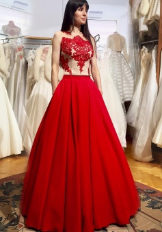 A-Line Jewel Sleeveless Illusion Back Red Prom Dress with Appliques Pockets