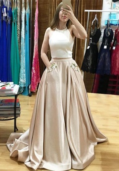 Two Piece Halter Sweep Train Light Champagne Prom Dress with Appliques Pockets