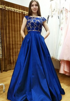 Two Piece Bateau Cap Sleeves Royal Blue Prom Dress with Appliques Pockets