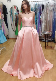 A-Line Sweetheart Sweep Train Pink Pleated Prom Dress with Beading